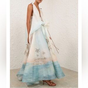 Zimmermann Aqua and White Dress with Brown Accents